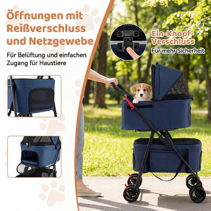 Faltbarer 3-in-1-Haustierwagen mit zwei Transportboxen, Blau