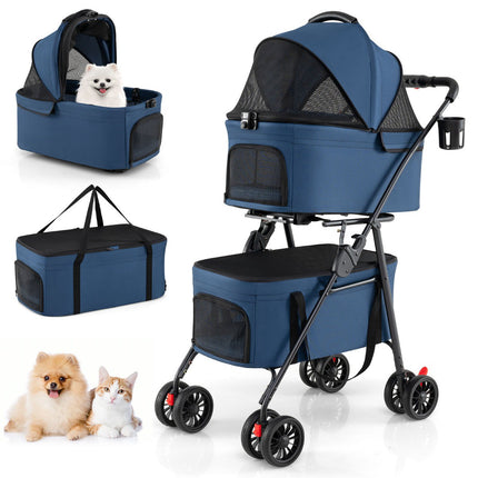 Faltbarer 3-in-1-Haustierwagen mit zwei Transportboxen, Blau