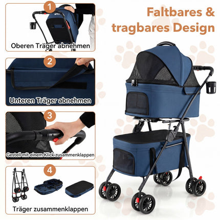 Faltbarer 3-in-1-Haustierwagen mit zwei Transportboxen, Blau