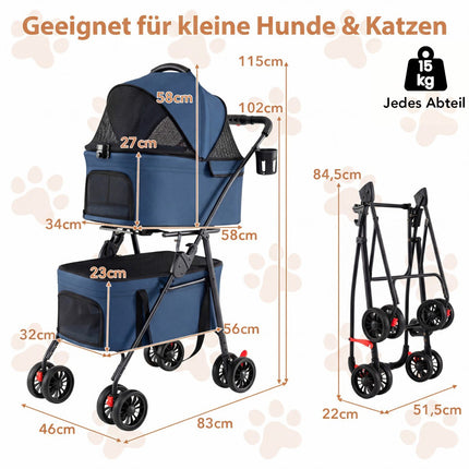 Faltbarer 3-in-1-Haustierwagen mit zwei Transportboxen, Blau