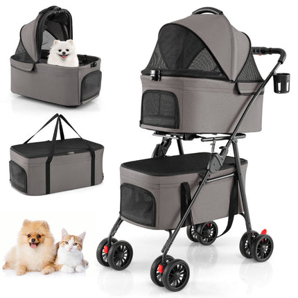 Faltbarer 3-in-1-Haustier-Kinderwagen mit zwei Transportboxen, Grau