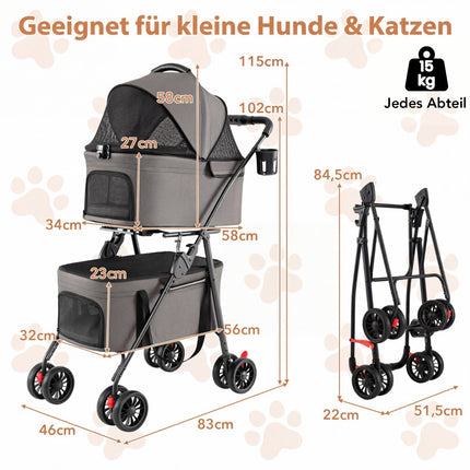 Faltbarer 3-in-1-Haustier-Kinderwagen mit zwei Transportboxen, Grau