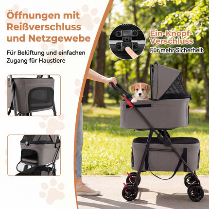 Faltbarer 3-in-1-Haustier-Kinderwagen mit zwei Transportboxen, Grau