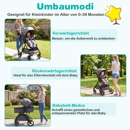 Faltbarer 3-in-1 Kinderwagen mit umsetzbarem Sitz, Grau
