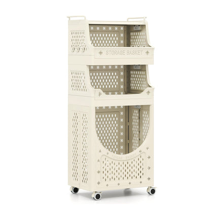 Foldable 4-Tier Laundry Cart with Locking Wheels, Beige