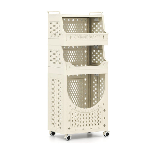Foldable 4-Tier Laundry Cart with Locking Wheels, Beige