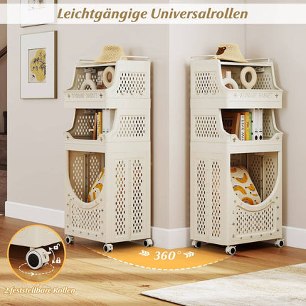 Foldable 4-Tier Laundry Cart with Locking Wheels, Beige