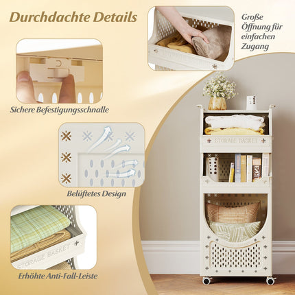 Foldable 4-Tier Laundry Cart with Locking Wheels, Beige