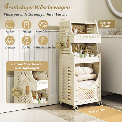 Foldable 4-Tier Laundry Cart with Locking Wheels, Beige