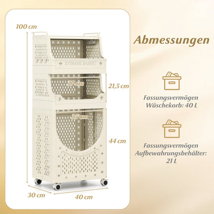 Foldable 4-Tier Laundry Cart with Locking Wheels, Beige