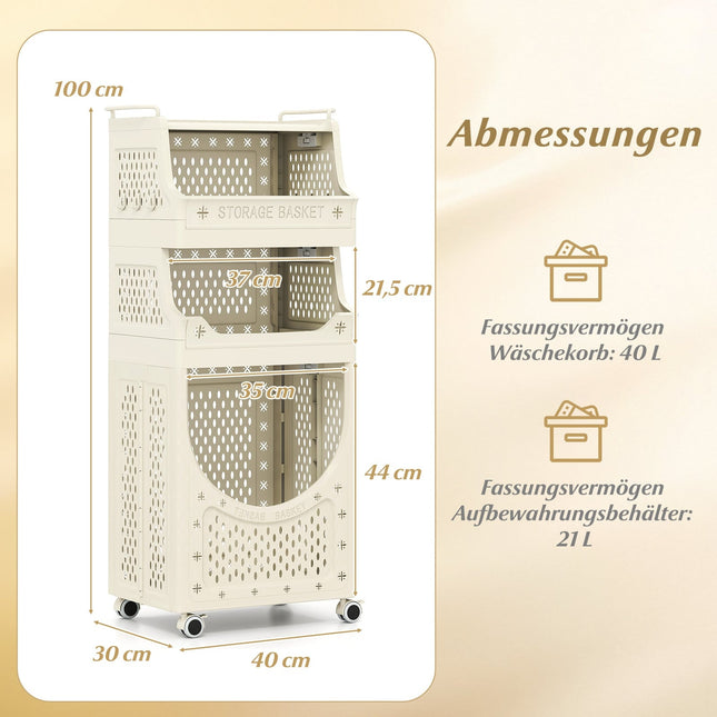Foldable 4-Tier Laundry Cart with Locking Wheels, Beige