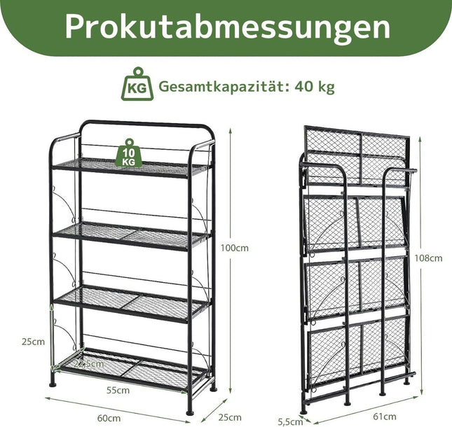 Faltbarer 4-stufiger Pflanzenständer aus Metall mit verstellbarem Regalboden, belastbar bis 40 kg