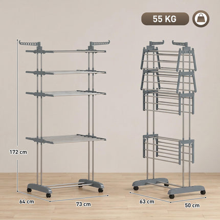 Foldable 5-Tier Clothes Drying Rack with Wheels, Grey