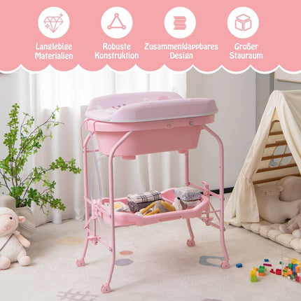 Foldable Baby Changing Table with Bath, Storage, Wheels