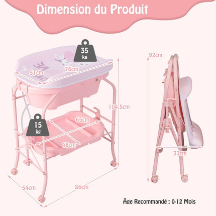 Foldable Baby Changing Table with Bath, Storage, Wheels