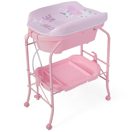 Foldable Baby Changing Table with Bath, Storage, Wheels