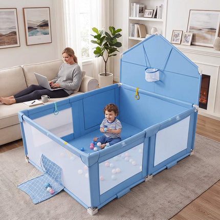 Foldable Baby Playpen with Non-Slip Feet, Blue, 223x150 cm