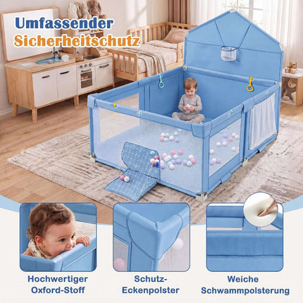 Foldable Baby Playpen with Non-Slip Feet, Blue, 223x150 cm