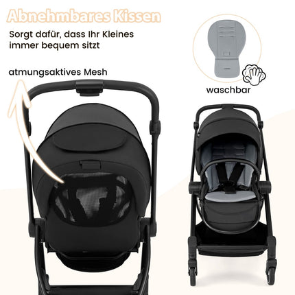 Faltbarer Kinderwagen mit umsetzbarem Sitz, Schwarz