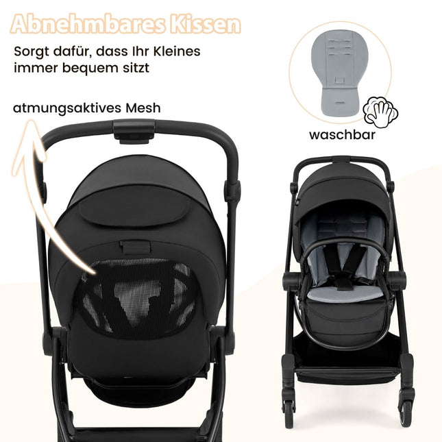 Faltbarer Kinderwagen mit umsetzbarem Sitz, Schwarz