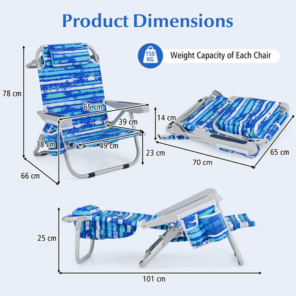 Foldable Backpack Beach Chairs Set of 2, Cup Holder, Navy