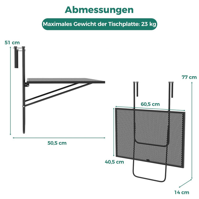 Klappbarer Balkontisch – Einhängetisch aus Metall, Schwarz
