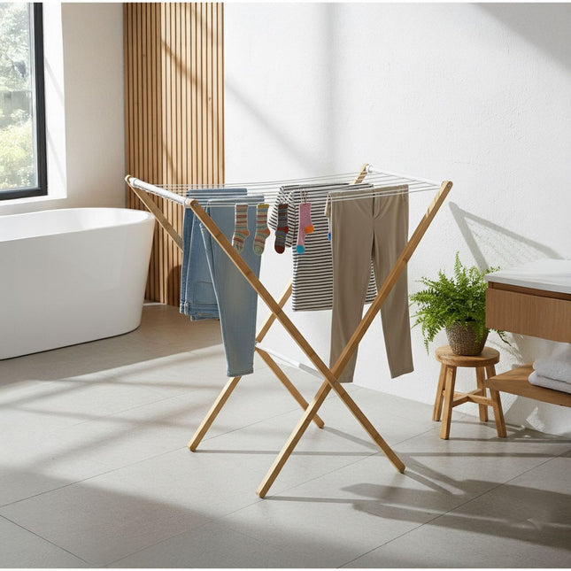 Foldable Bamboo Metal Laundry Rack – Space-Saving Dryer