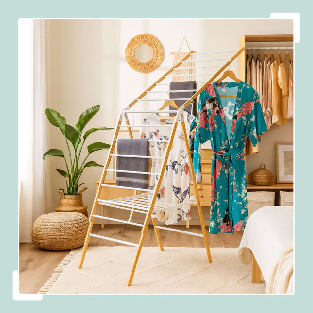 Foldable Bamboo & Metal Laundry Rack with Wings
