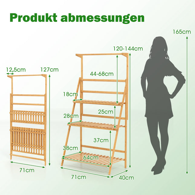 Zusammenklappbarer Bambus-Pflanzenständer mit verstellbaren Regalböden, 71x40x120 cm