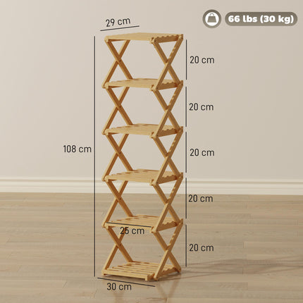 Foldable Bamboo Shoe Rack, 6-Tier, Holds 9 Pairs, 30x29x108 cm