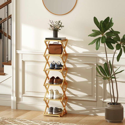 Foldable Bamboo Shoe Rack, 6-Tier, Holds 9 Pairs, 30x29x108 cm