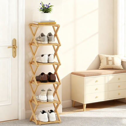 Foldable Bamboo Shoe Rack, 6-Tier, Holds 9 Pairs, 30x29x108 cm