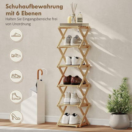 Foldable Bamboo Shoe Rack, 6-Tier, Holds 9 Pairs, 30x29x108 cm