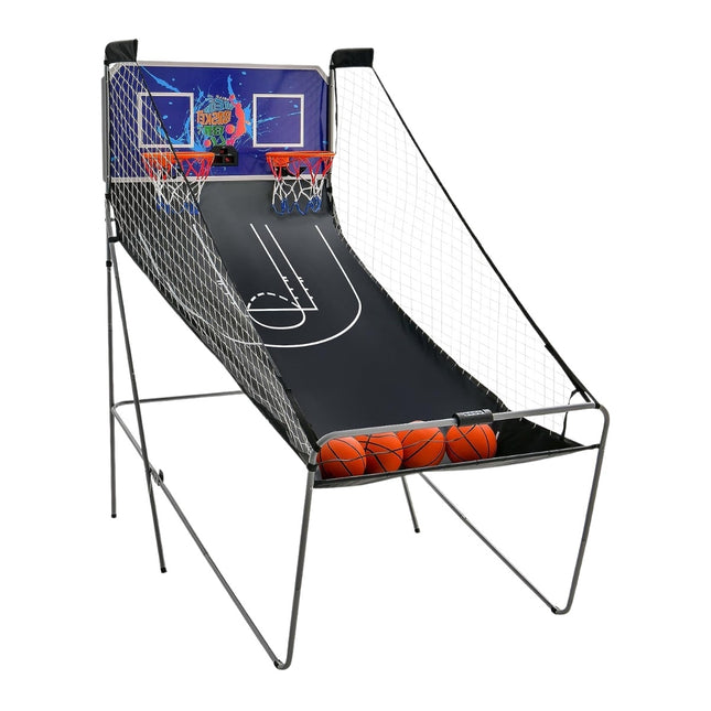 Opvouwbaar basketbalarcadespel met 2 baskets en elektronische scoreweergave.