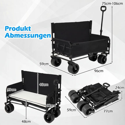 Faltbarer Strandwagen mit Sitz, verstellbarem Griff, schwarz