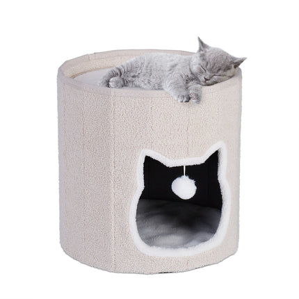 Foldable Beige Cat Cave with Cushion and Toy