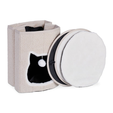 Foldable Beige Cat Cave with Cushion and Toy