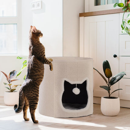 Foldable Beige Cat Cave with Cushion and Toy