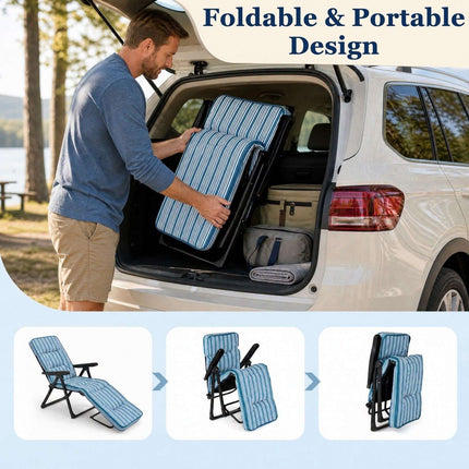 Foldable Blue Sun Lounger with Adjustable Backrest & Cushion