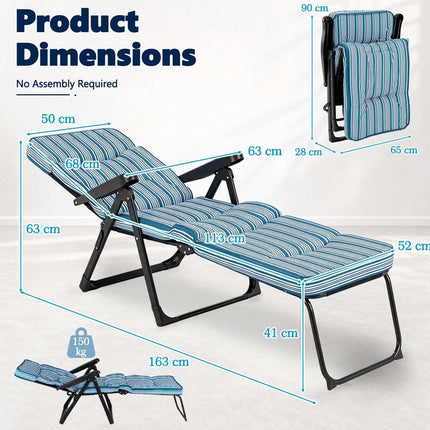 Foldable Blue Sun Lounger with Adjustable Backrest & Cushion