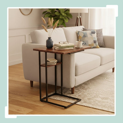 Foldable C-Shaped Side Table, Wood-Effect, Black Frame