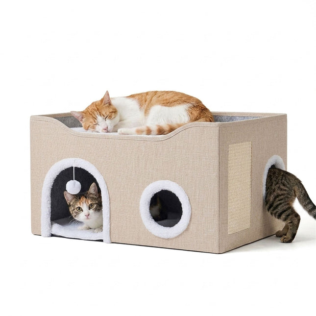 Foldable Cat Cave with Scratch Pad, Beige, 34x60x40 cm