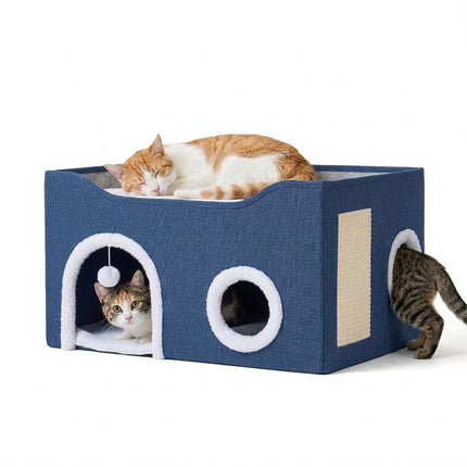 Foldable Cat Cave with Scratch Pad, Blue, 34x60x40 cm
