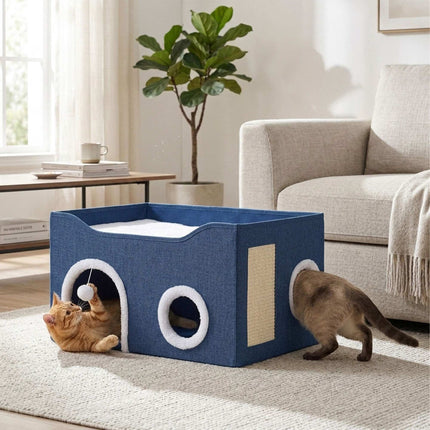 Foldable Cat Cave with Scratch Pad, Blue, 34x60x40 cm
