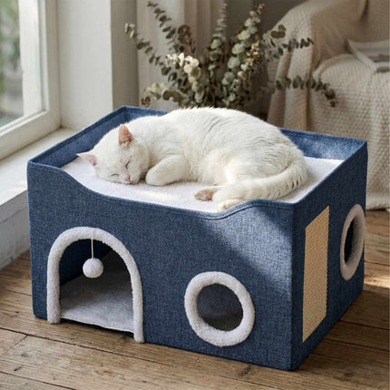 Foldable Cat Cave with Scratch Pad, Blue, 34x60x40 cm