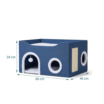 Foldable Cat Cave with Scratch Pad, Blue, 34x60x40 cm