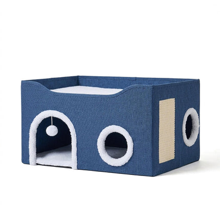 Foldable Cat Cave with Scratch Pad, Blue, 34x60x40 cm