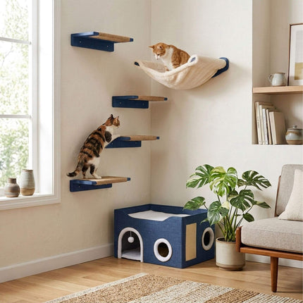 Foldable Cat Cave with Scratch Pad, Blue, 34x60x40 cm