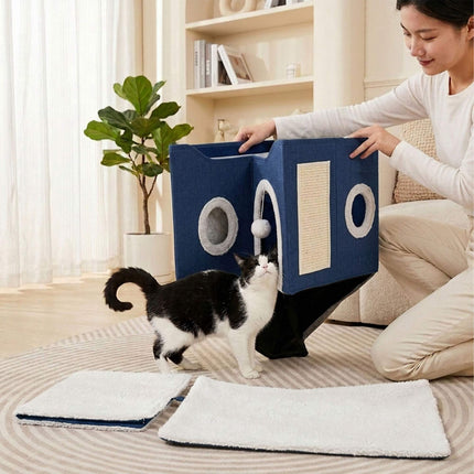 Foldable Cat Cave with Scratch Pad, Blue, 34x60x40 cm