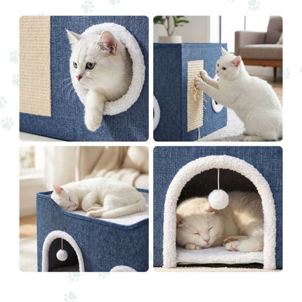 Foldable Cat Cave with Scratch Pad, Blue, 34x60x40 cm